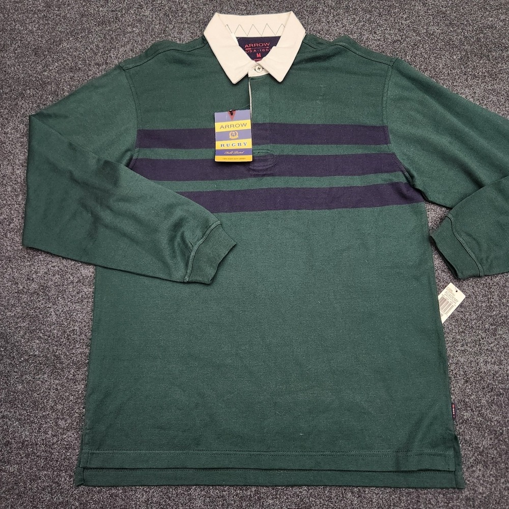 Arrow Rugby‎ Mens Medium Green Striped Polo Shirt Top 100% Heavy Duty Jersey